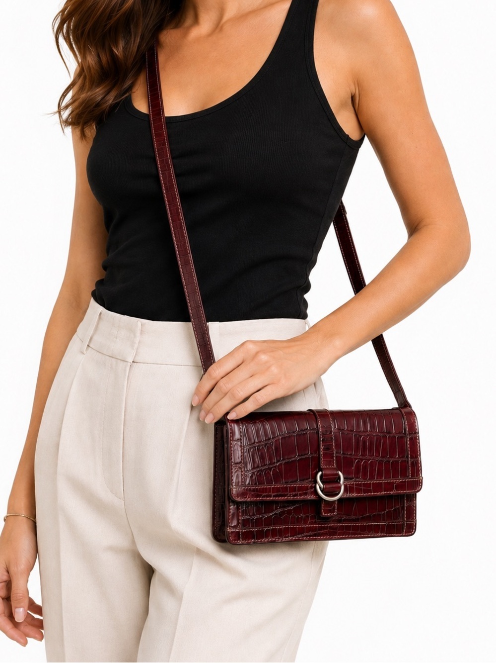 Jones New York Burgundy Croc Embossed Leather Crossbody Bag Convertible Clutch